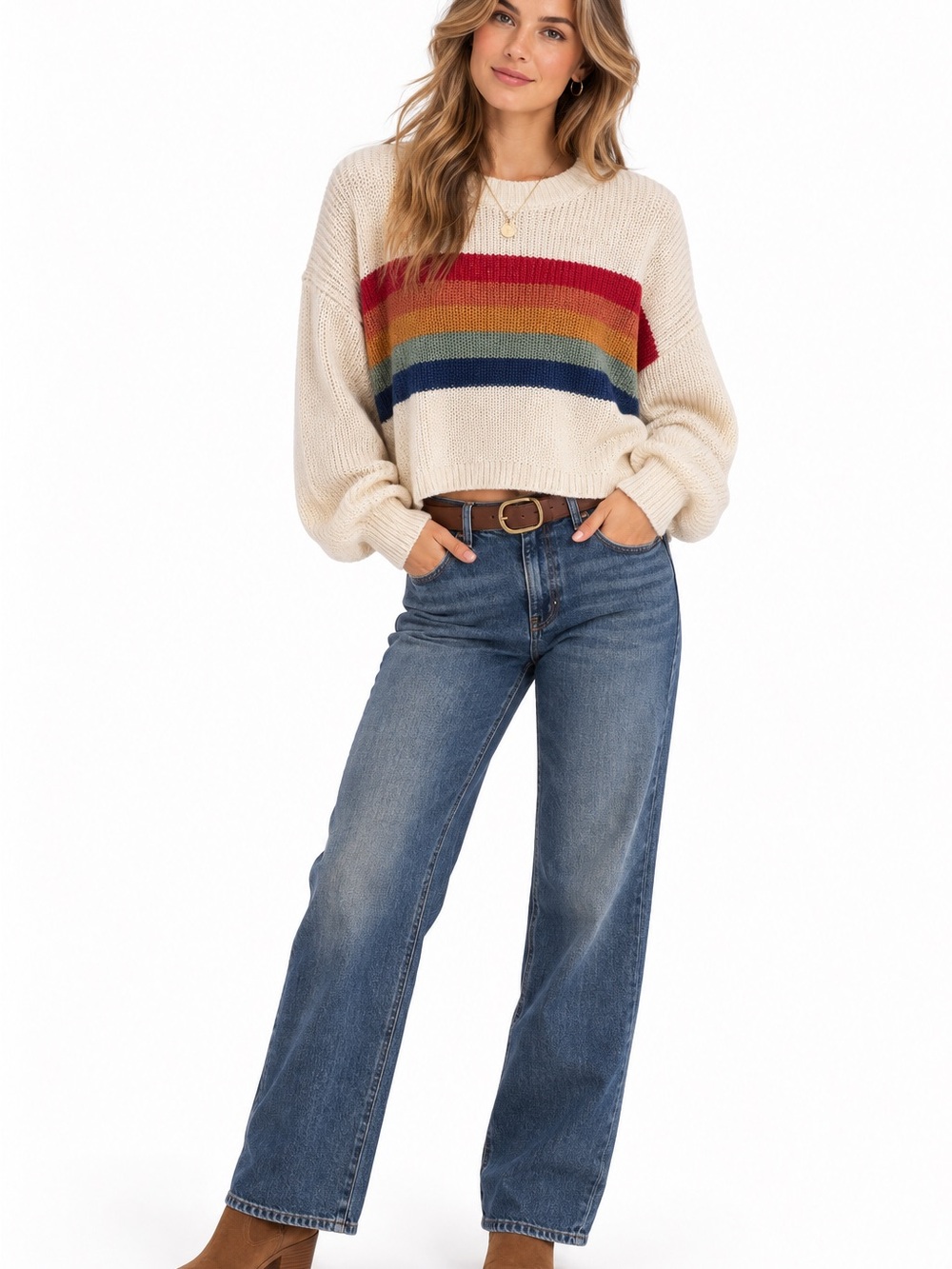 American Eagle Rainbow Stripe Cropped Sweater Women’s M Cream Knit Boho Retro